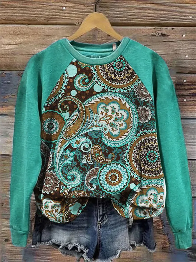 Western Ethnic Paisley Pattern Contrast Raglan Sweatshirt