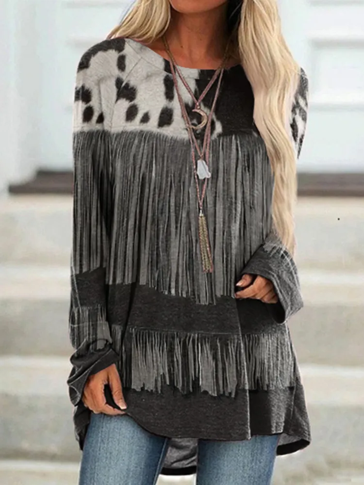 Western Cowhide Tassel Print Long Sleeve Tunic