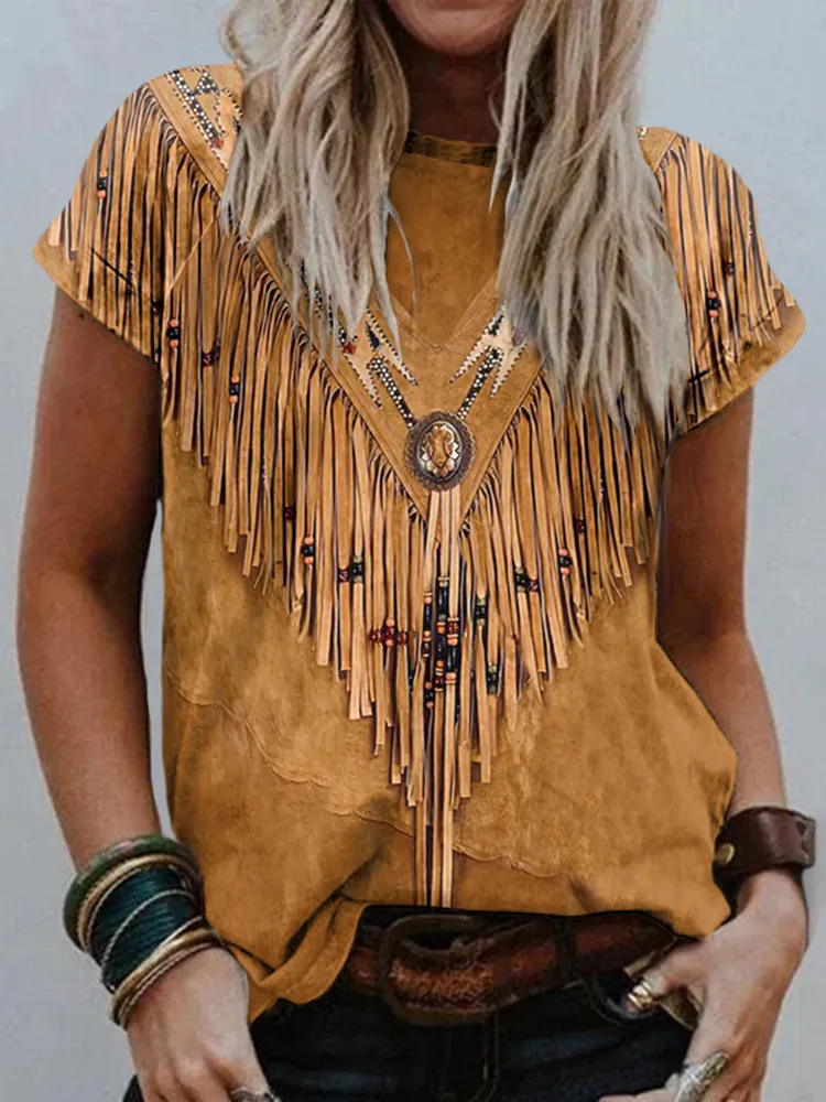 Western Vintage Tassels Art Round Neck Casual T-Shirt