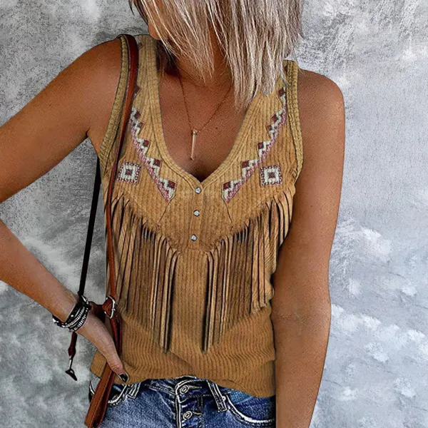 Western Tassel Print V-Neck Sleeveless Tank Top