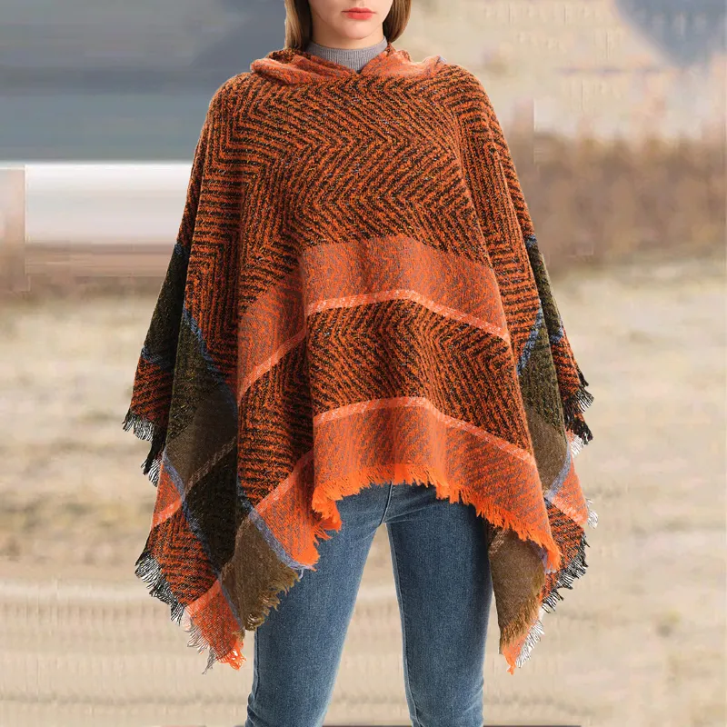 Vintage Herringbone Hooded Pullover Shawl