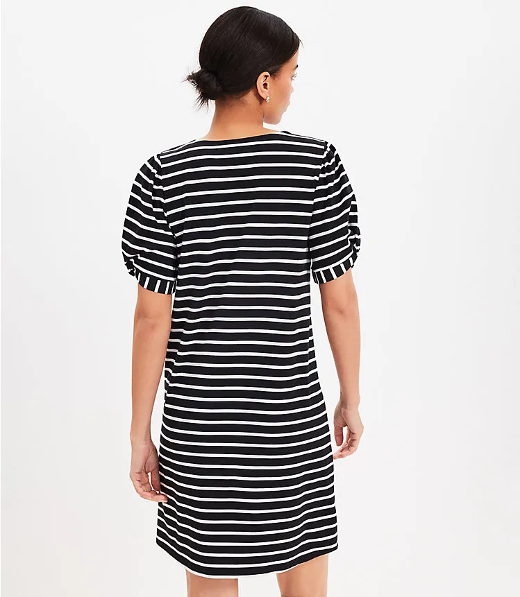 Striped Puff Sleeve V-Neck Swing Dress