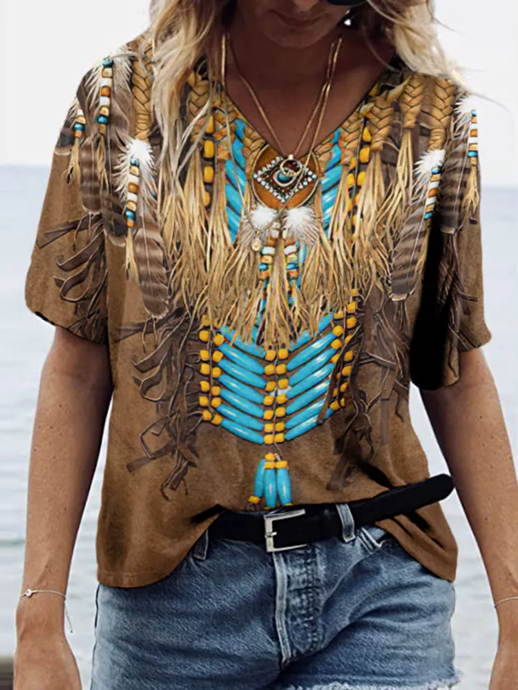 Western Retro Casual Tribal Print T-Shirt