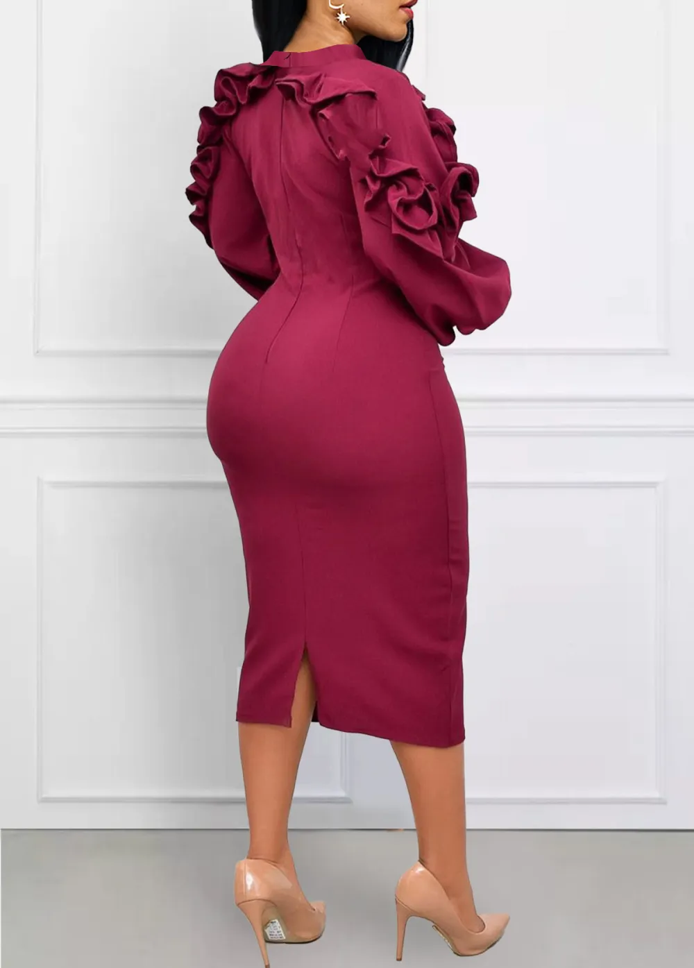 Frill Stand Collar Wine Red Bodycon Dress