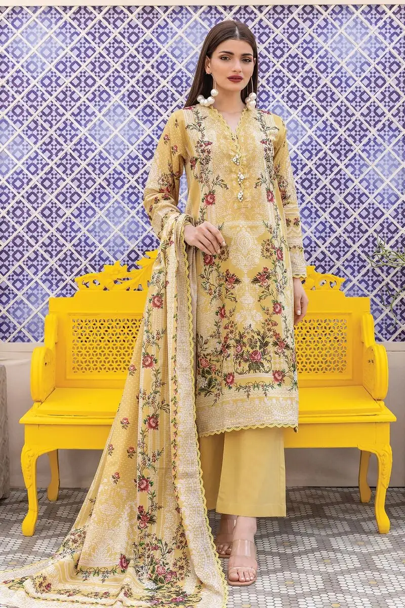 3 Piece Kurta Embroidered | Dupatta& Bottom & Tops | Color Golden