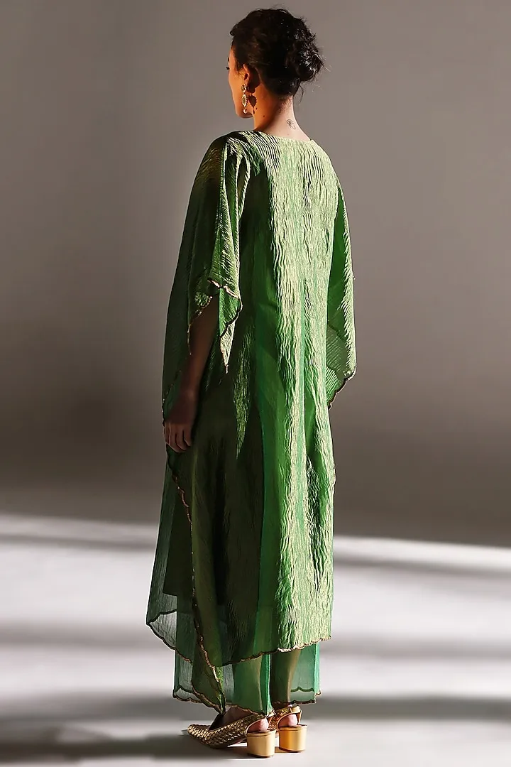 Emerald Green Silk Woven Embroidered Kaftan Set