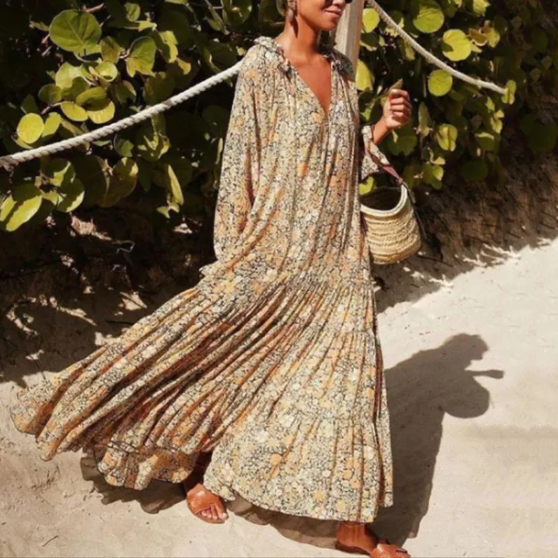 Floral Bohemian V Neck Long Sleeve Maxi Dress