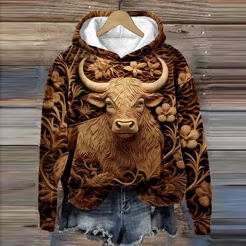 3D Highland Cow Print Hoodie