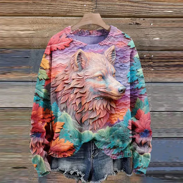 Art 3D Wolf Print Knitted Pullover Sweater