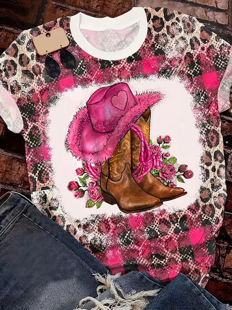 Western Cowboy Hat & Boots Print Short Sleeve T-Shirt