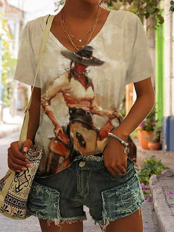 Women's Retro Western Cowgirl Print V-Neck T-Shirt