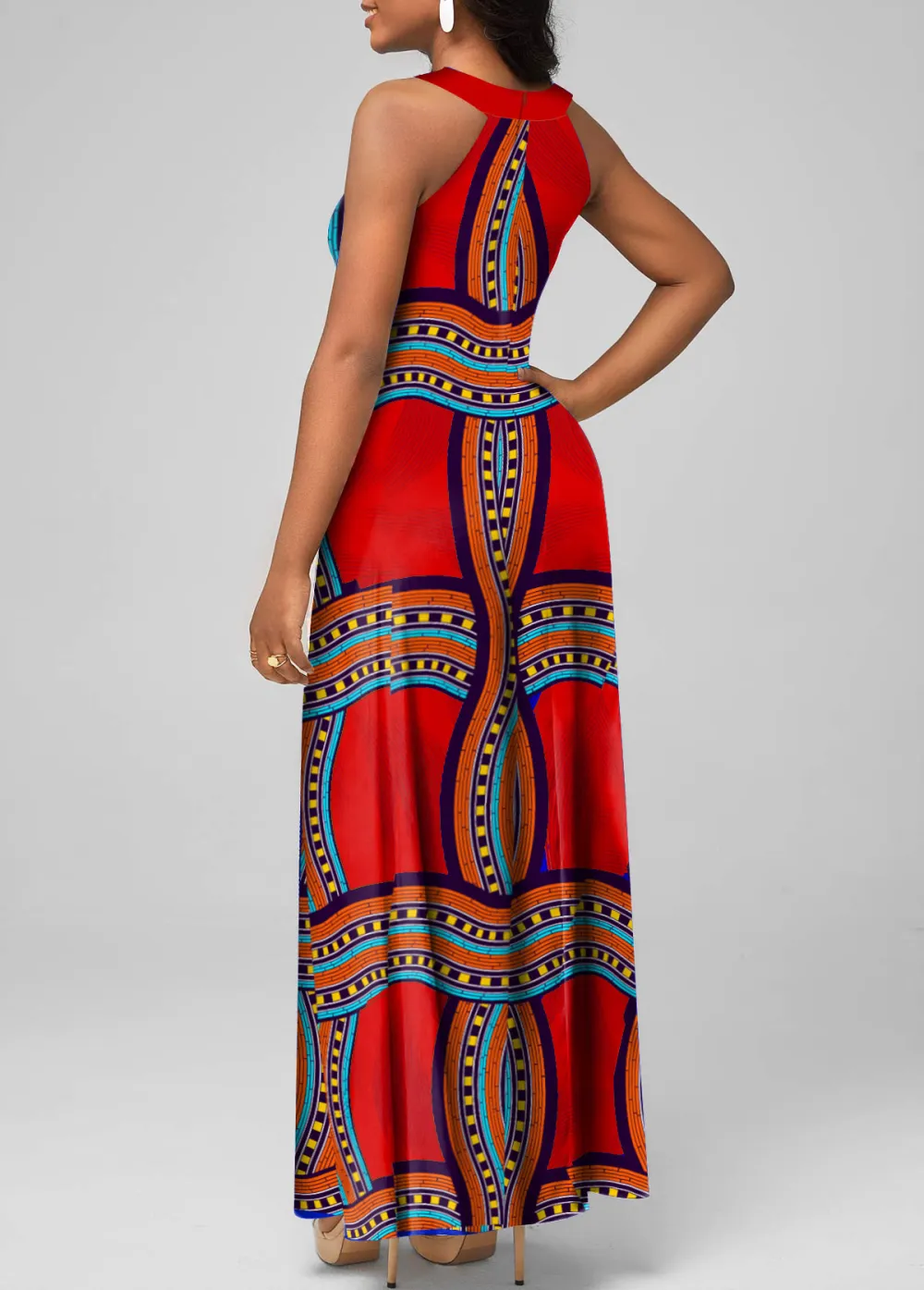 Tribal Print Cage Neck Royal Blue Maxi Dress