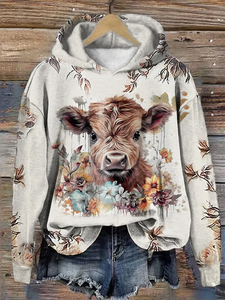 Floral & Highland Cow Print Casual Hoodie