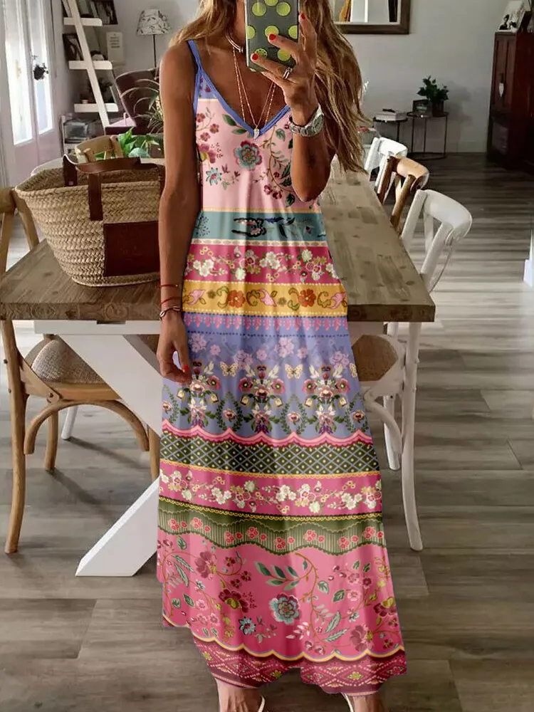 Vintage Boho Floral Pattern V Neck Cami Maxi Dress