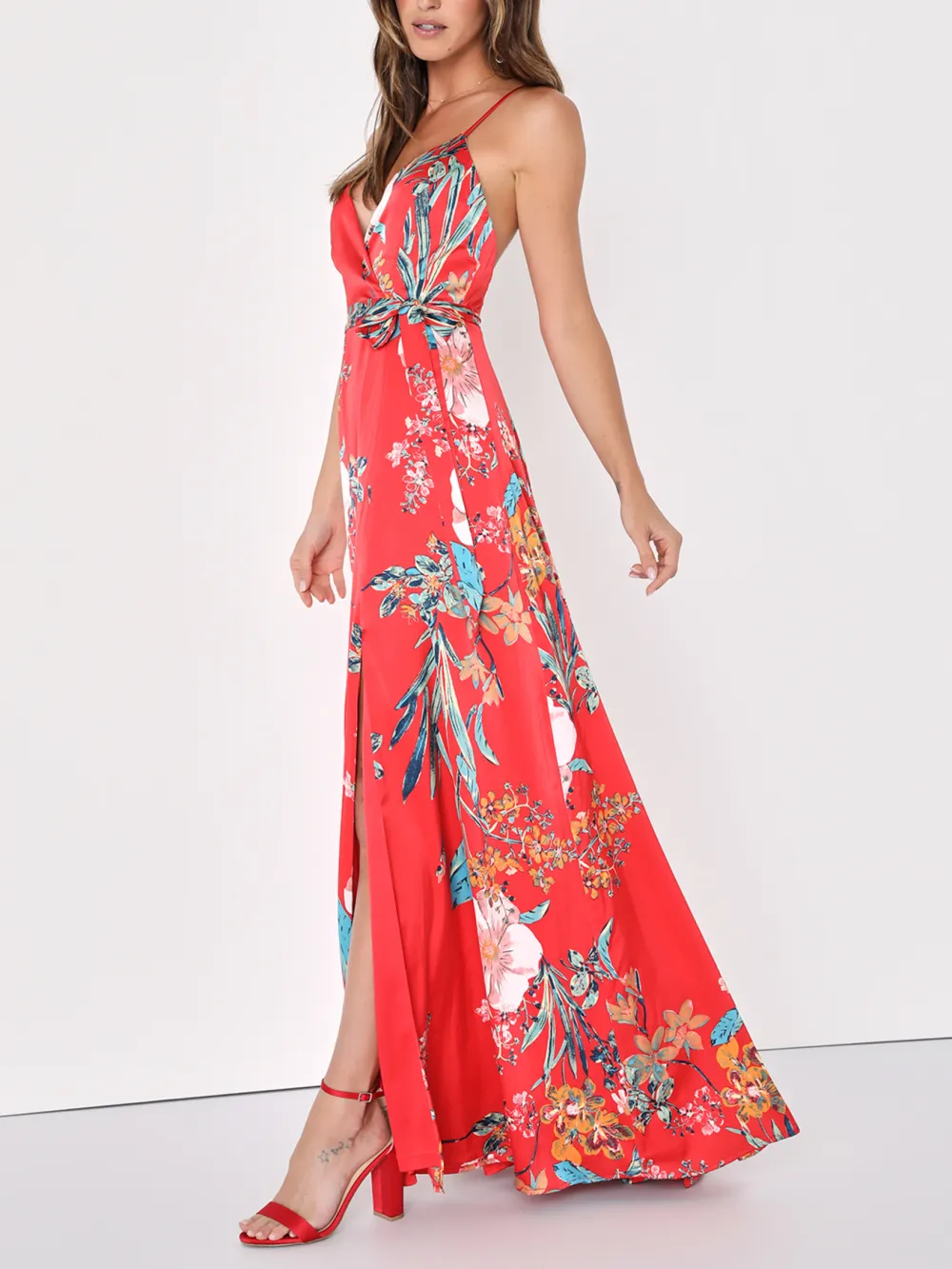 Still the One Red Floral Print Satin Maxi Dress