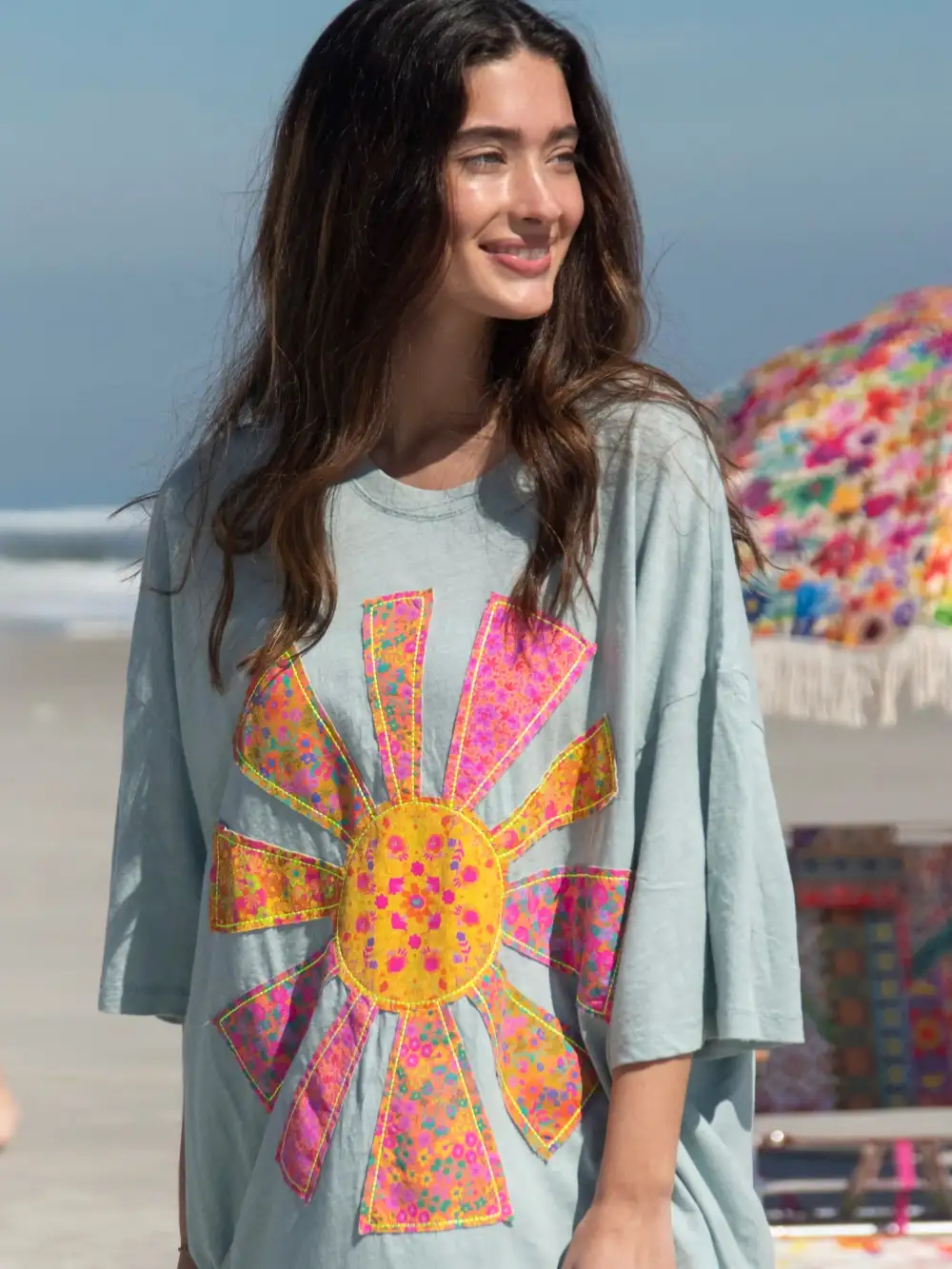 Oversized Cotton Applique Tee - Bay Sunshine