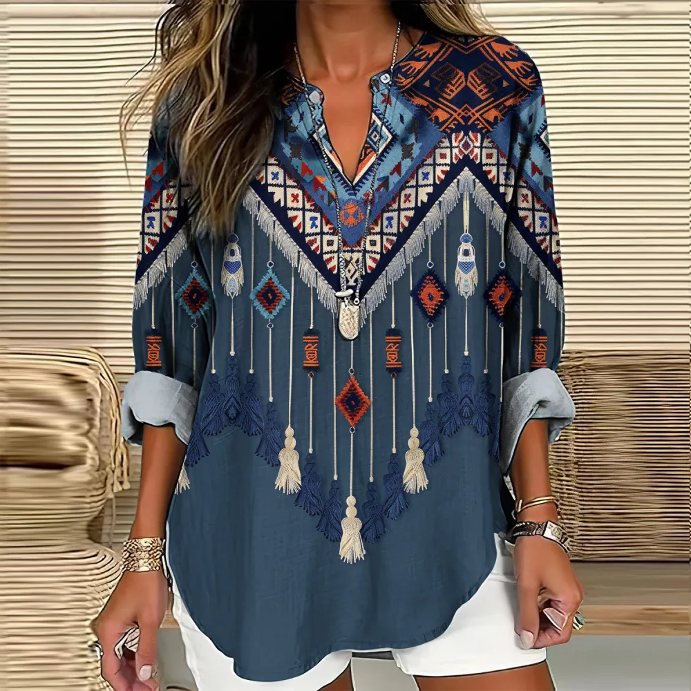 Western Ethnic Fringe Print V-Neck Long Sleeved Shirt