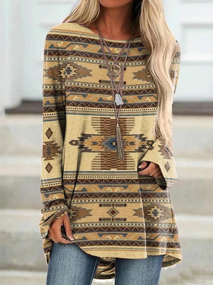 Crew Neck Long Sleeve Western Print Tunic