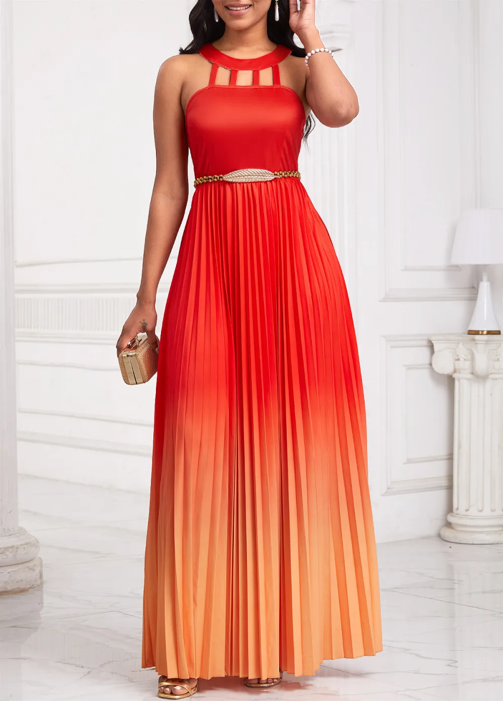 Ombre Cage Neck Orange Sleeveless Maxi Dress