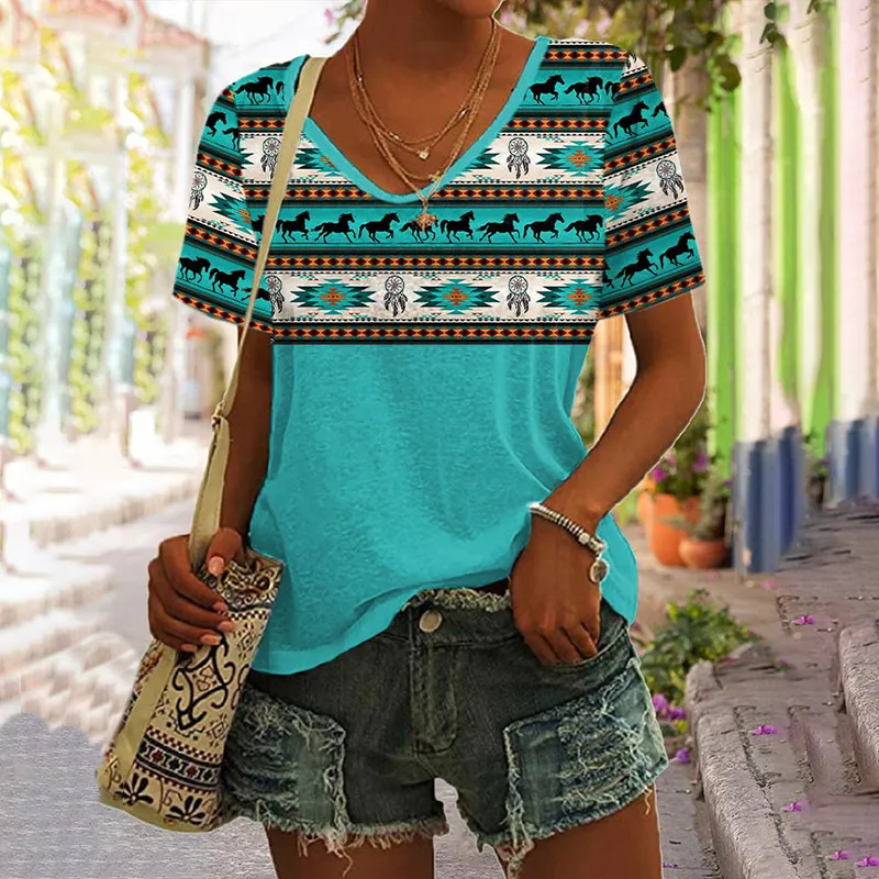 Western Print V-Neck Short Sleeved T-Shirt