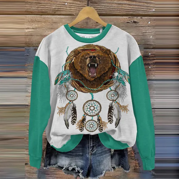 Vintage Southwestern Bear Feather Print Colorblock Sweatshirt