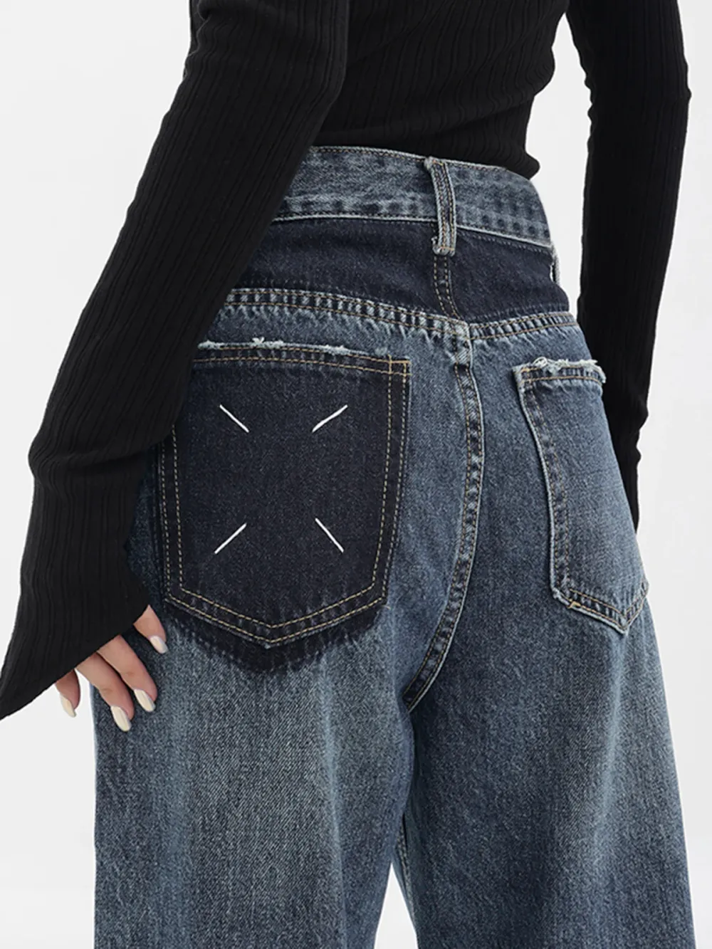 Patchwork Pockets Denim Wide Leg Boyfriend Jeans