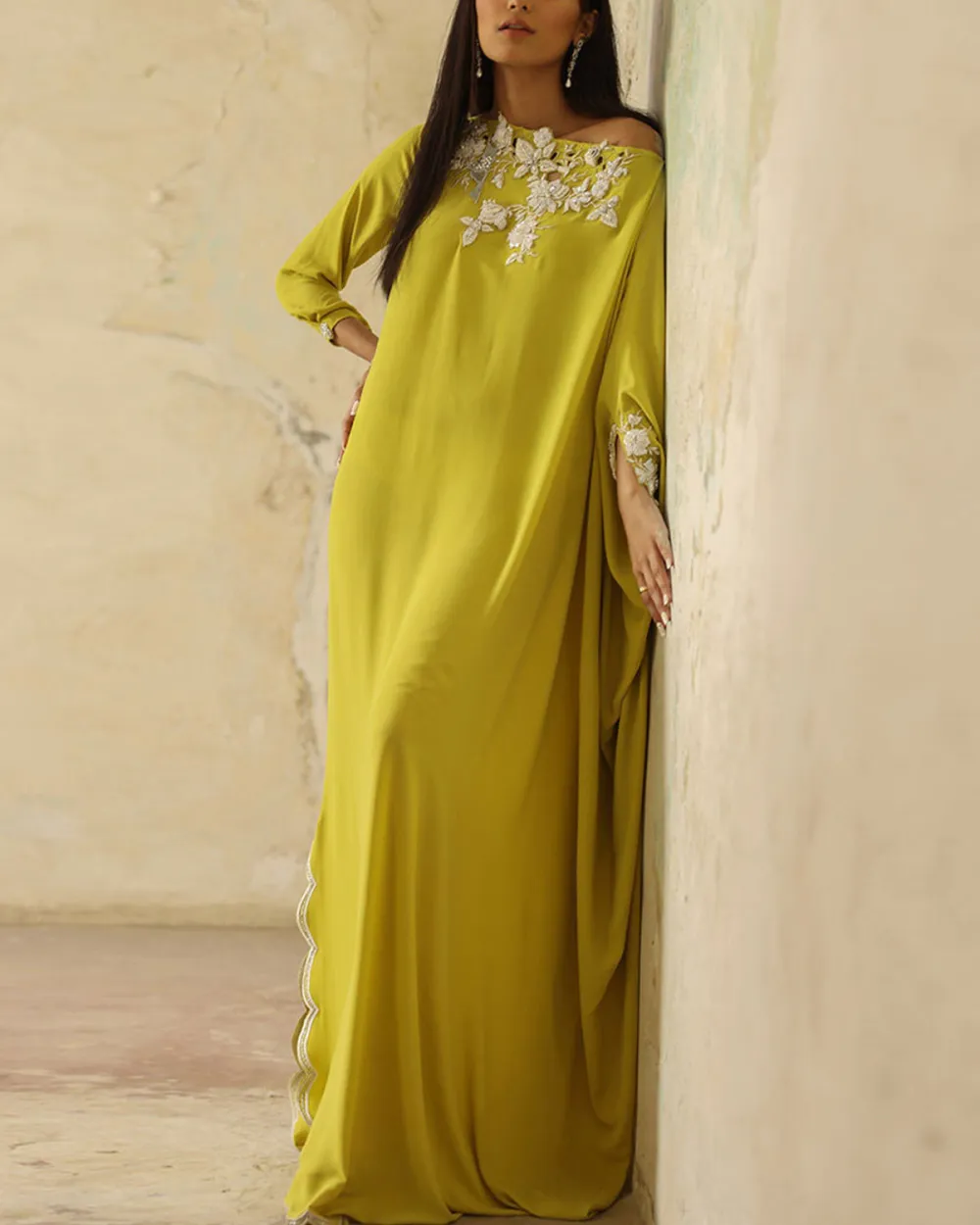 Elegant crystal-embellished velvet kaftan