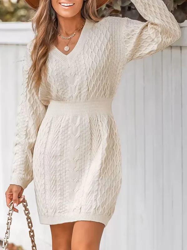 Women's Casual Cable Knit V-Neck Sweater Dress