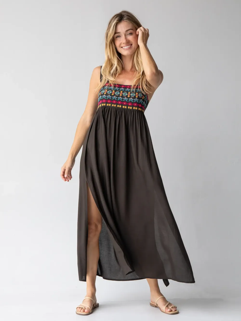 Tricia Embroidered Maxi Dress - Charcoal