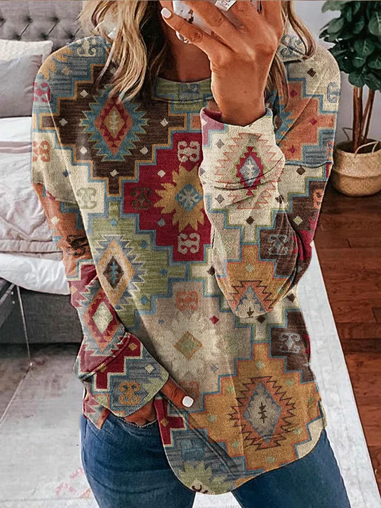 Western Ethnic Print Casual Cozy Sweatshirt