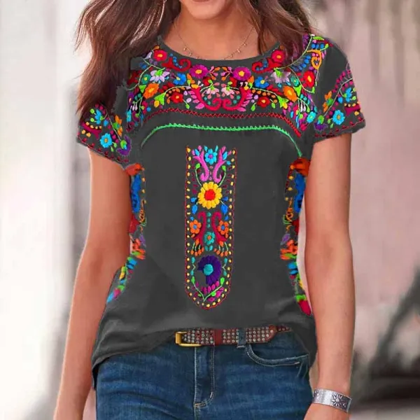 Retro Round Neck Tribal Printed Short Sleeve T-Shirt