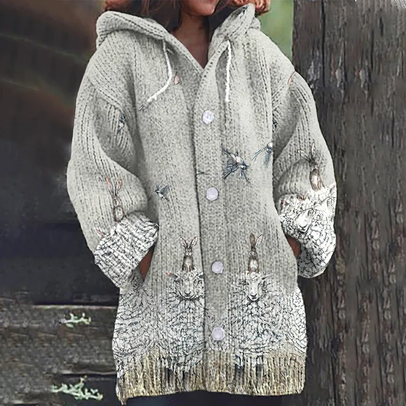 Casual Lamb Print Women'S Sweater Cardigan