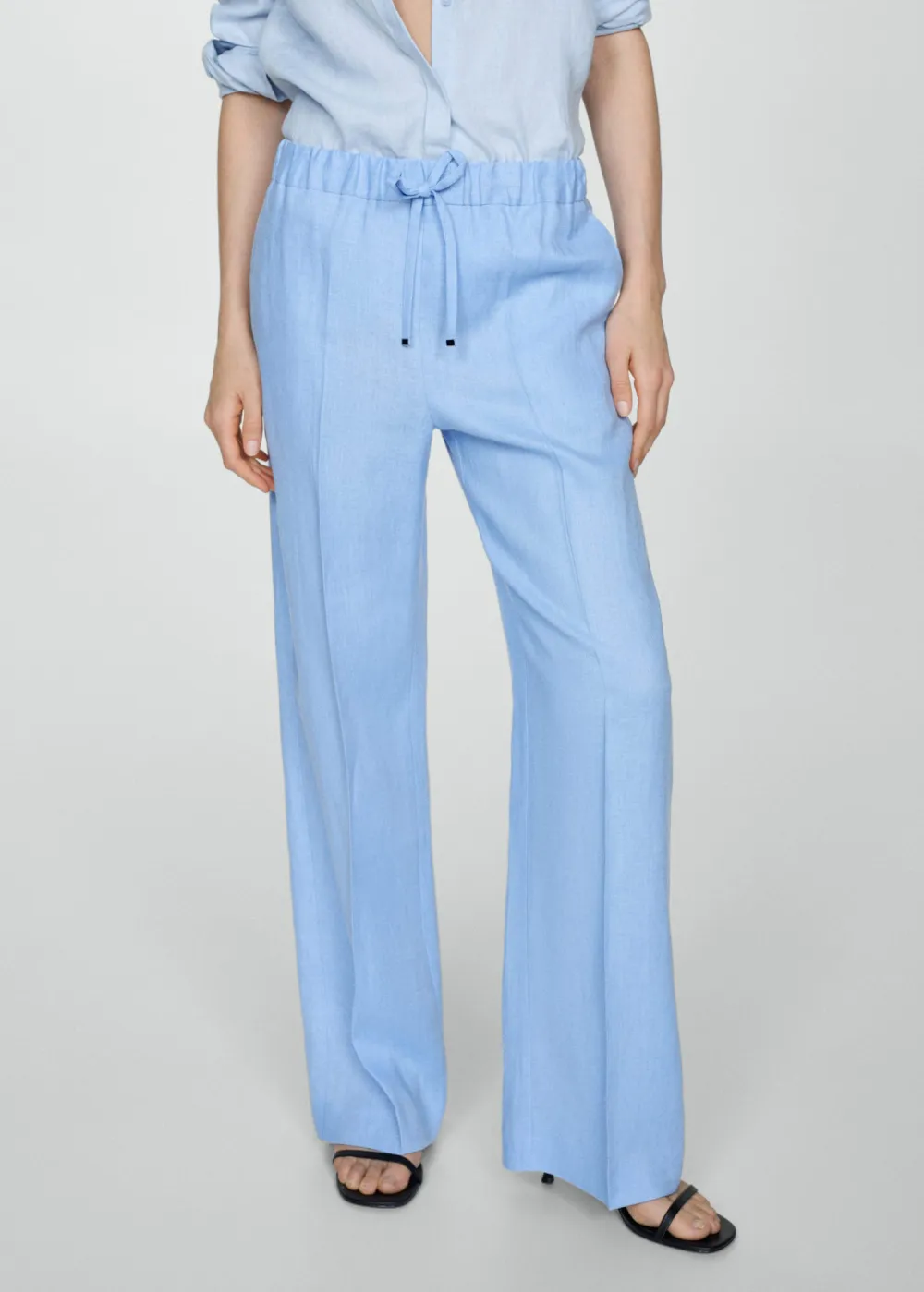 Linen-blend elastic waist trousers