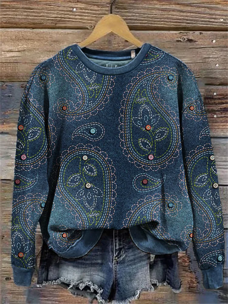 Western Paisley Pattern Embroidered Comfy Sweatshirt