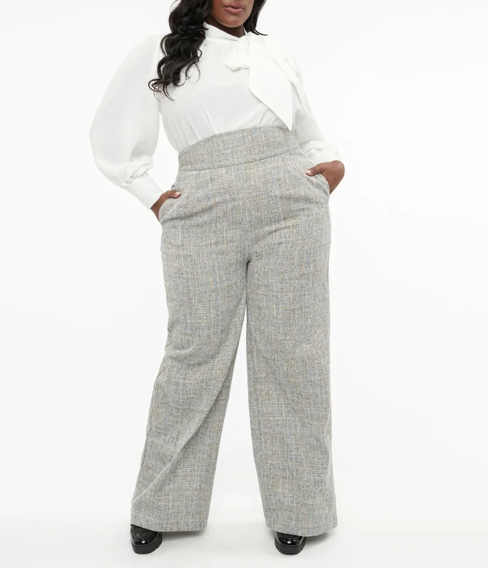 Unique Vintage Plus Size 1940s Beige & Baby Blue Tweed High Waist Pants