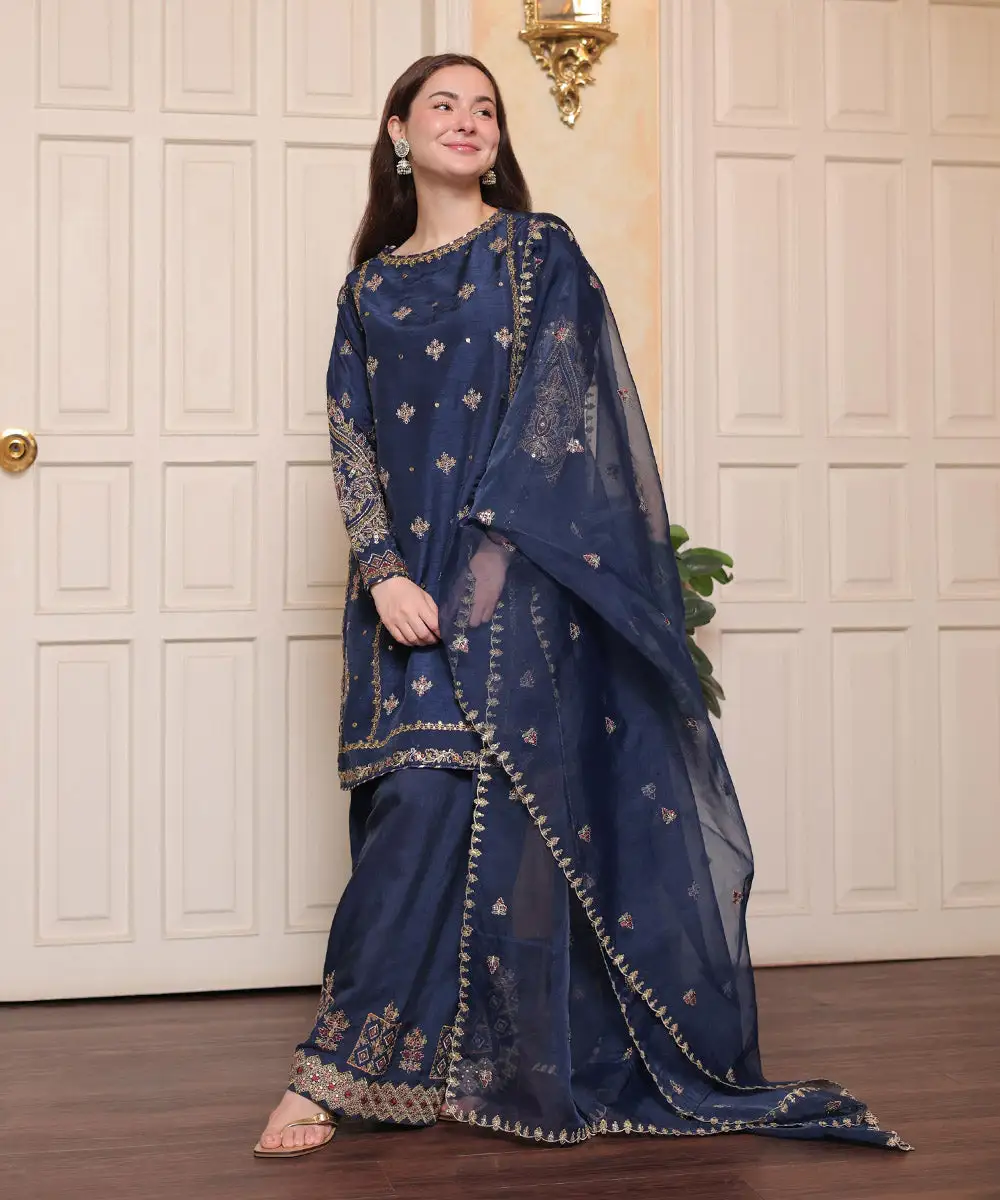 3 Piece - Embroidered Raw Silk Suit