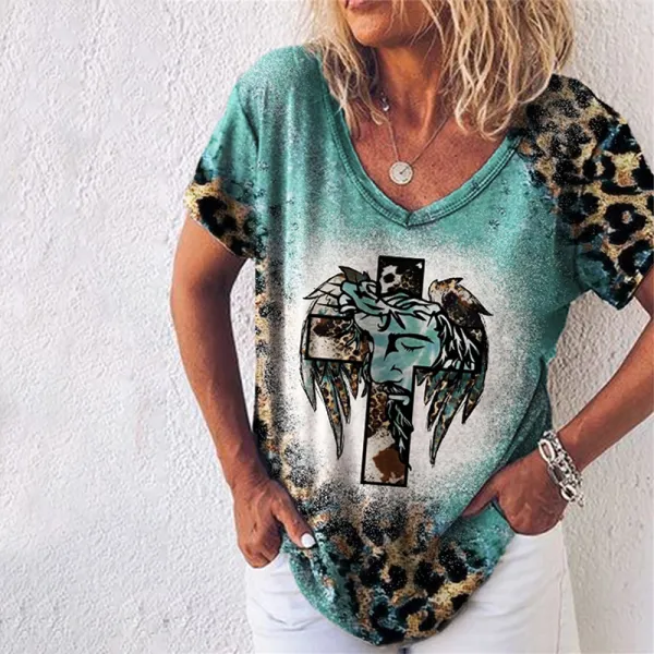 Jesus Cross With Wings Leopard Bleach T Shirt