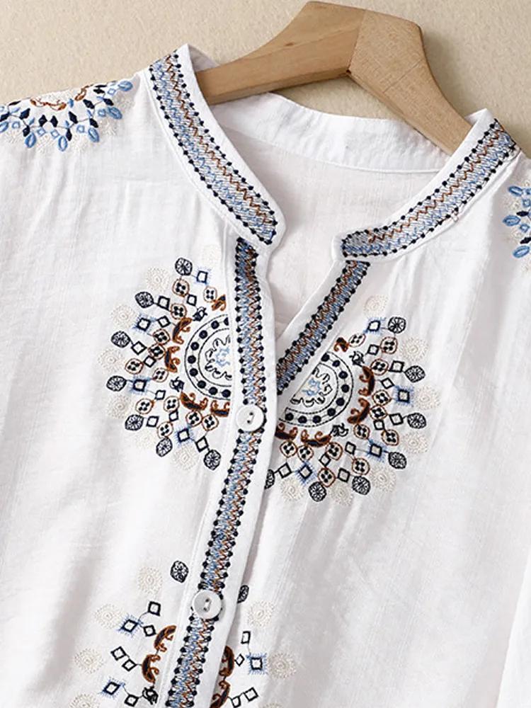 Women's Casual Retro Ethnic Style Embroidered Cotton Shirt