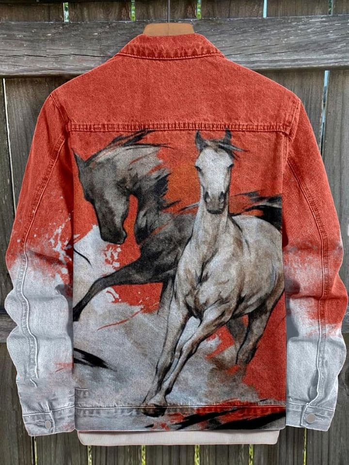 Art Horse Print Casual Denim Jacket