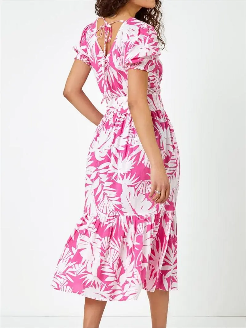 Fuchsia Cotton Floral Print Tiered Midi Dress