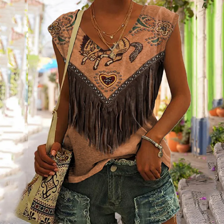 Western Fringe Print V-Neck Sleeveless Tank Top