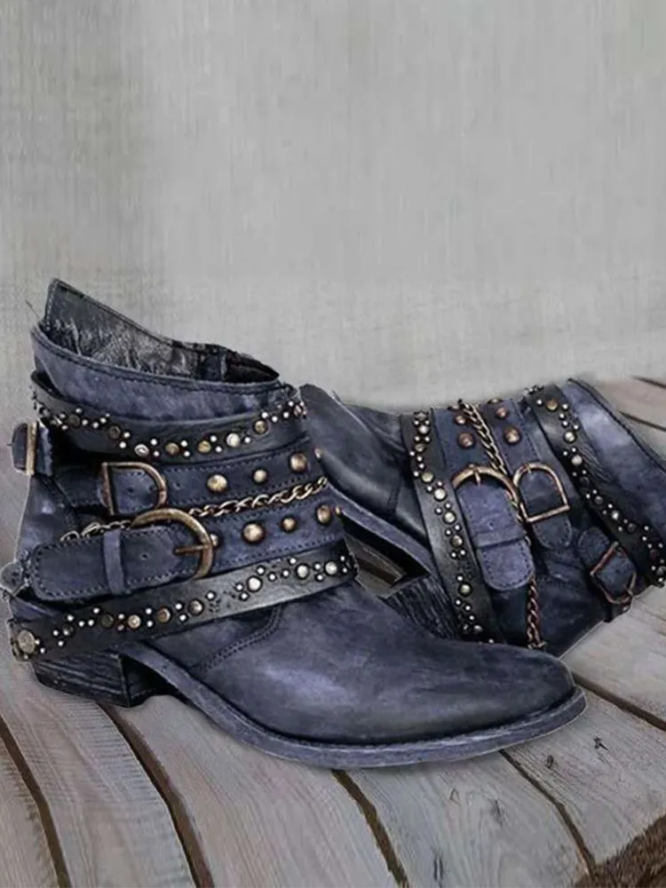 Vintage Washed Studded Buckles Ankle Boots