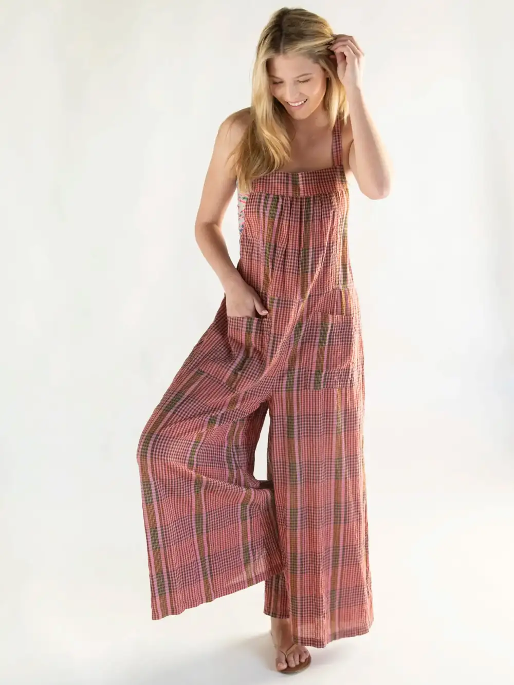 Dakota Tie Overall - Pink Plaid