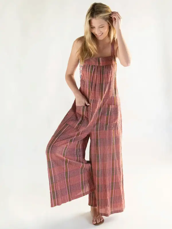 Dakota Tie Overall - Pink Plaid