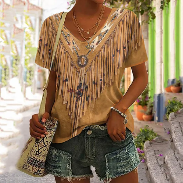 Women's Vintage Tassels Art V Neck Casual T-Shirt