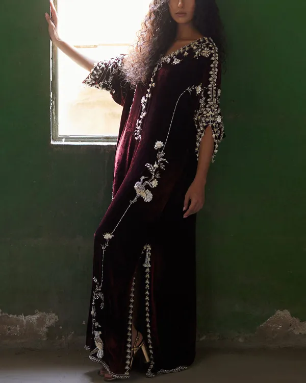 Elegant embellished embroidered velvet kaftan