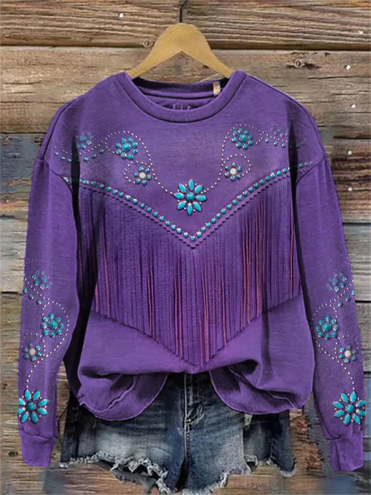 Western Turquoise Flowers Leather Art Sweatshirt