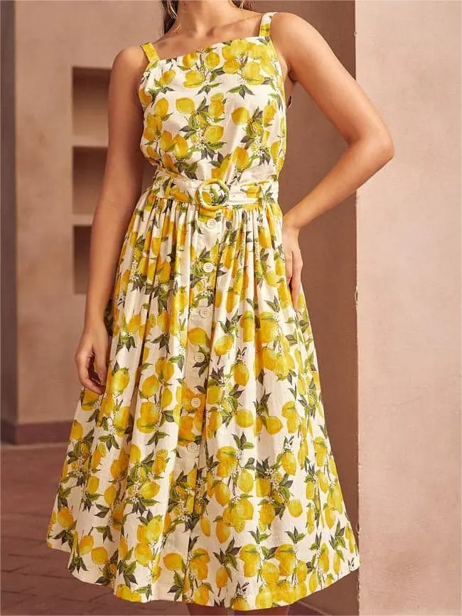 Lemon Printed Pleated Flared Skirts