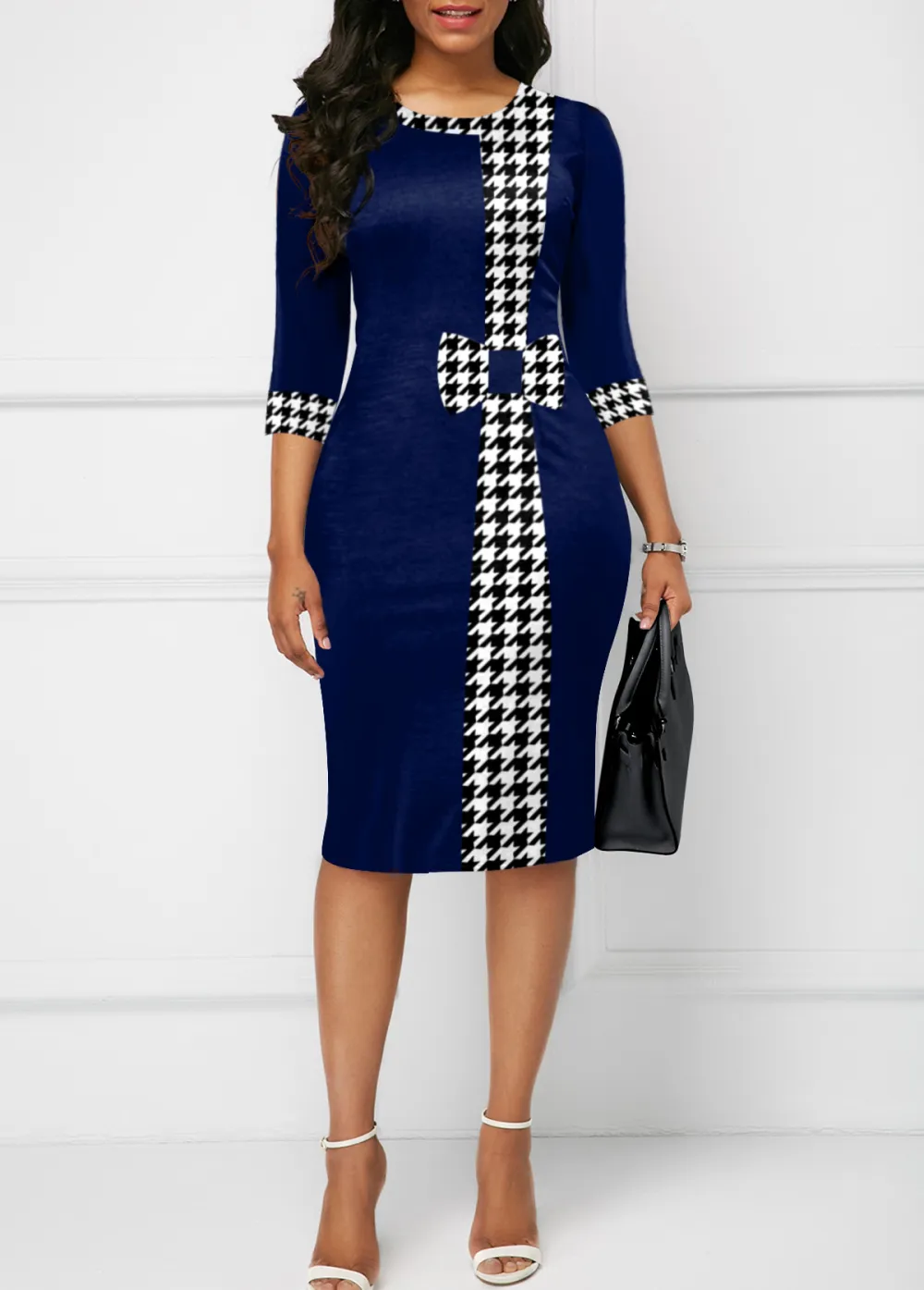 Houndstooth Print Bowknot Navy Knee Length Bodycon Dress