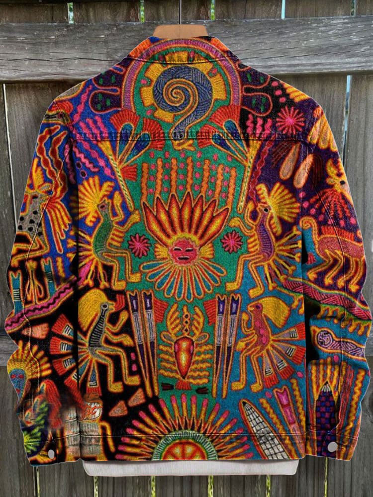 Retro Mexican Mayan Tribal Art Print Casual Denim Jacket